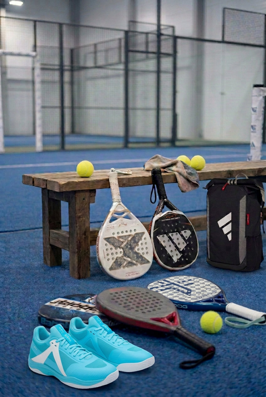 Padelbana med racket, skor, väska och bollar
